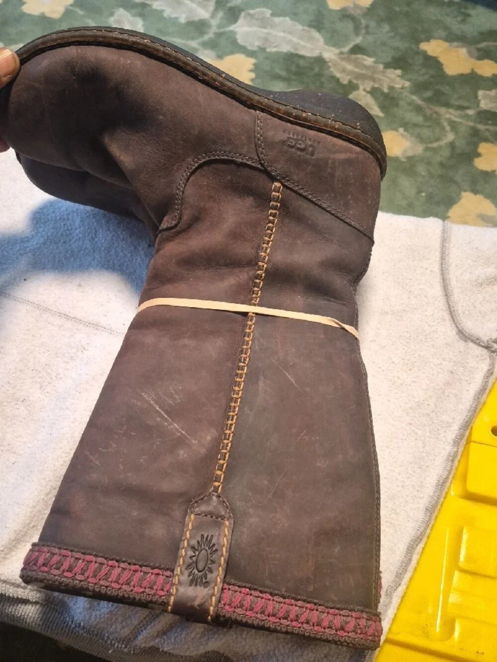 UGG Women's Brown Leather Mid-Calf Boots with Pink Trim